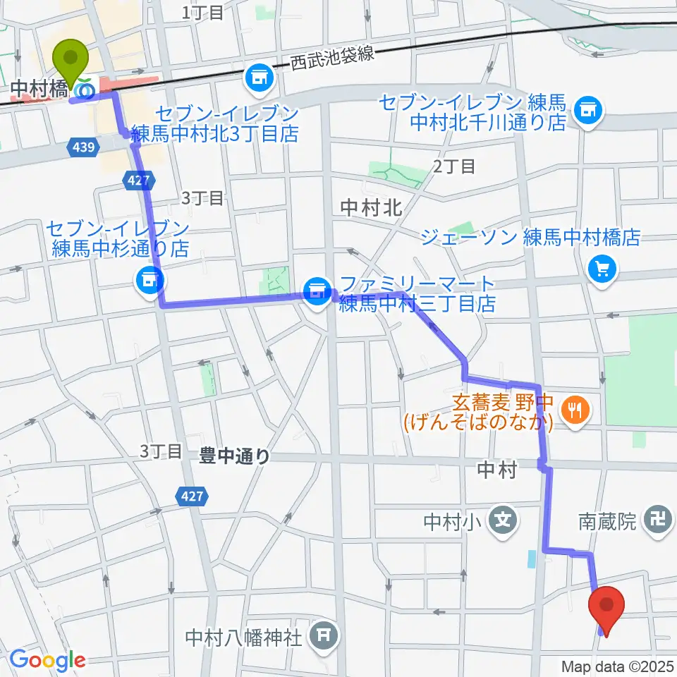 中村橋駅から夢弦堂へのルートマップ地図