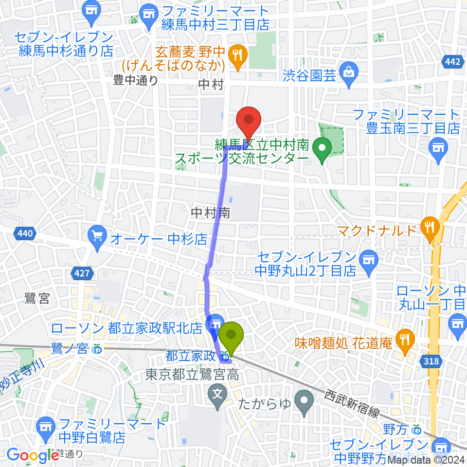 夢弦堂の最寄駅都立家政駅からの徒歩ルート（約14分）地図