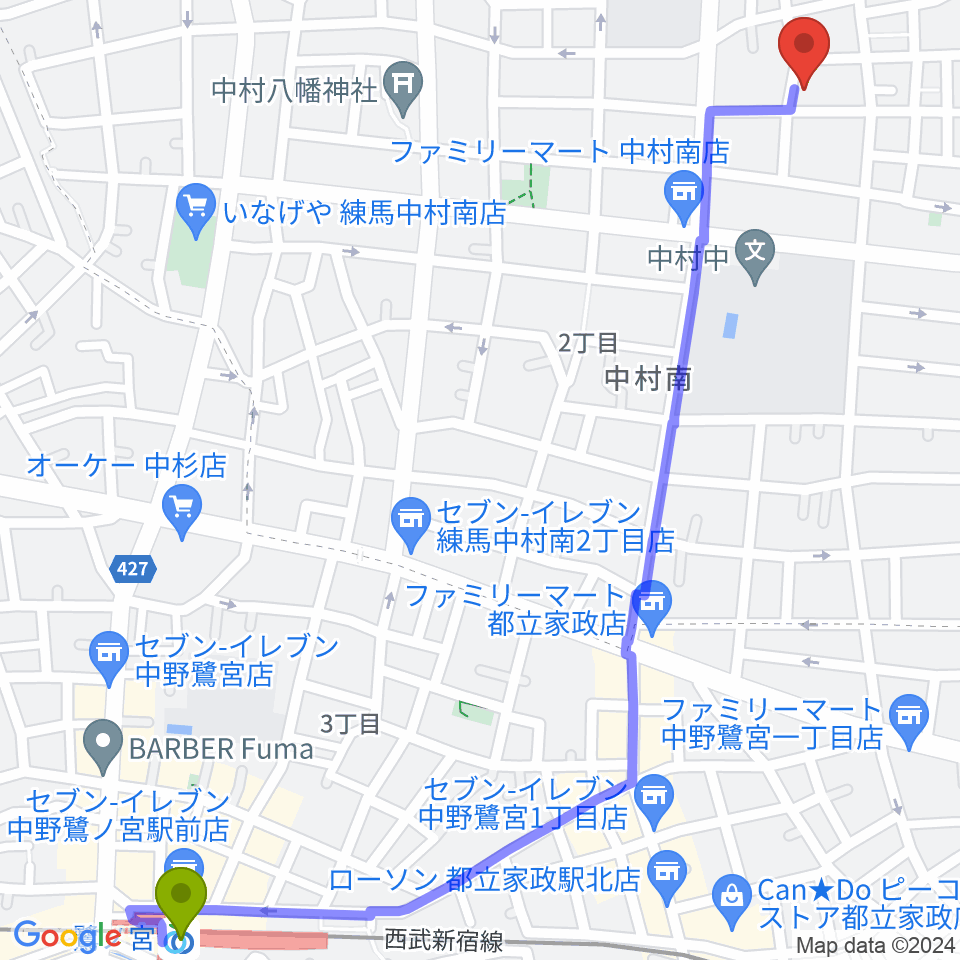 鷺ノ宮駅から夢弦堂へのルートマップ地図