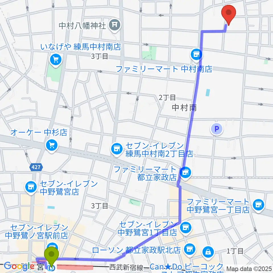 鷺ノ宮駅から夢弦堂へのルートマップ地図