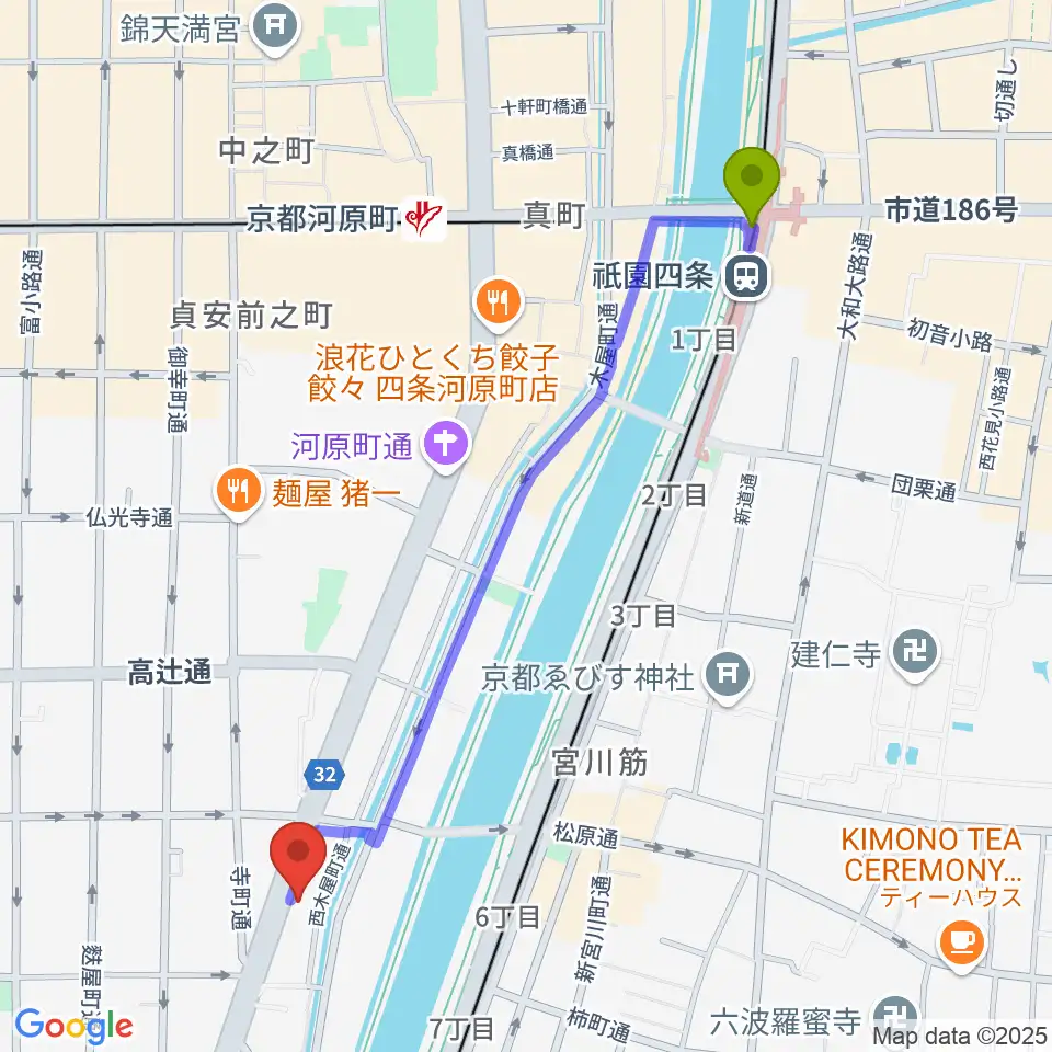 祇園四条駅からロック・サーカス・スクウェアへのルートマップ地図