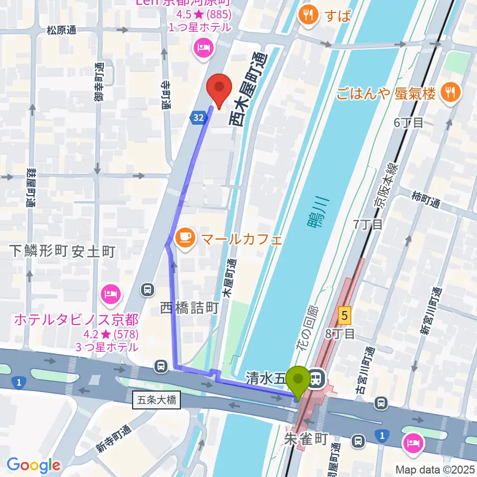 ロック・サーカス・スクウェアの最寄駅清水五条駅からの徒歩ルート（約5分）地図