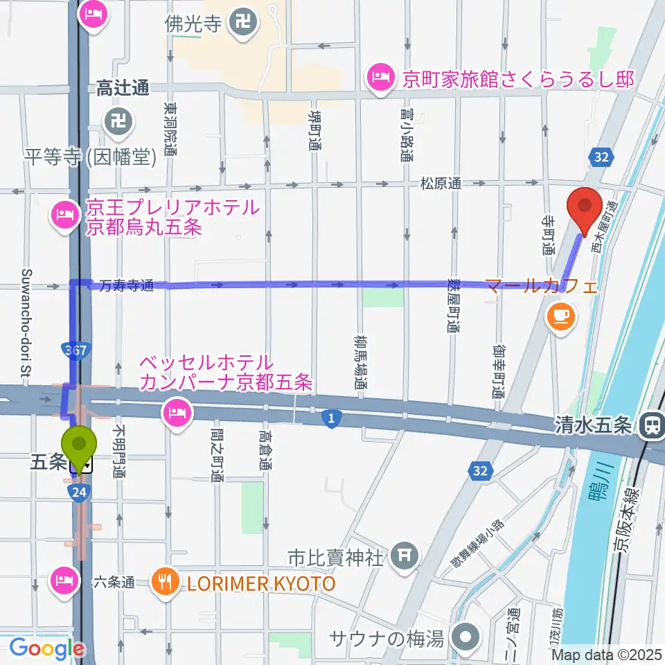 五条駅からロック・サーカス・スクウェアへのルートマップ地図
