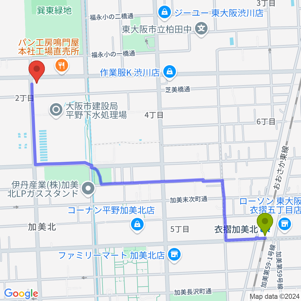 衣摺加美北駅からストレングスビヨンドへのルートマップ地図