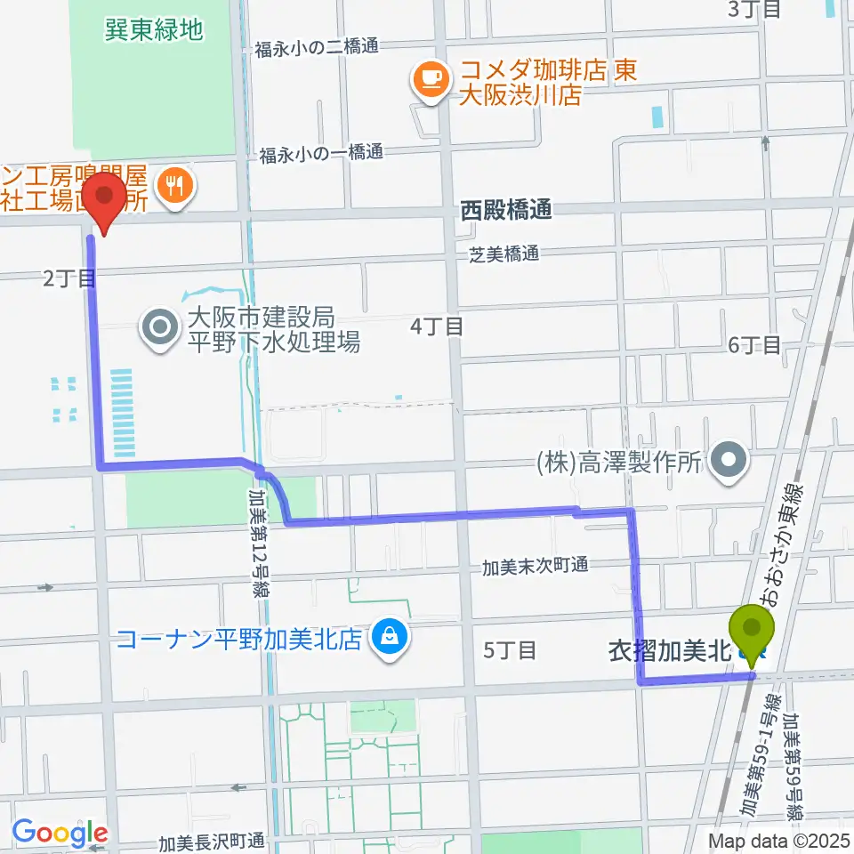 衣摺加美北駅からストレングスビヨンドへのルートマップ地図
