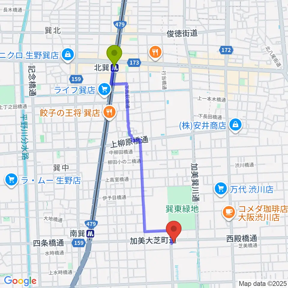 北巽駅からストレングスビヨンドへのルートマップ地図