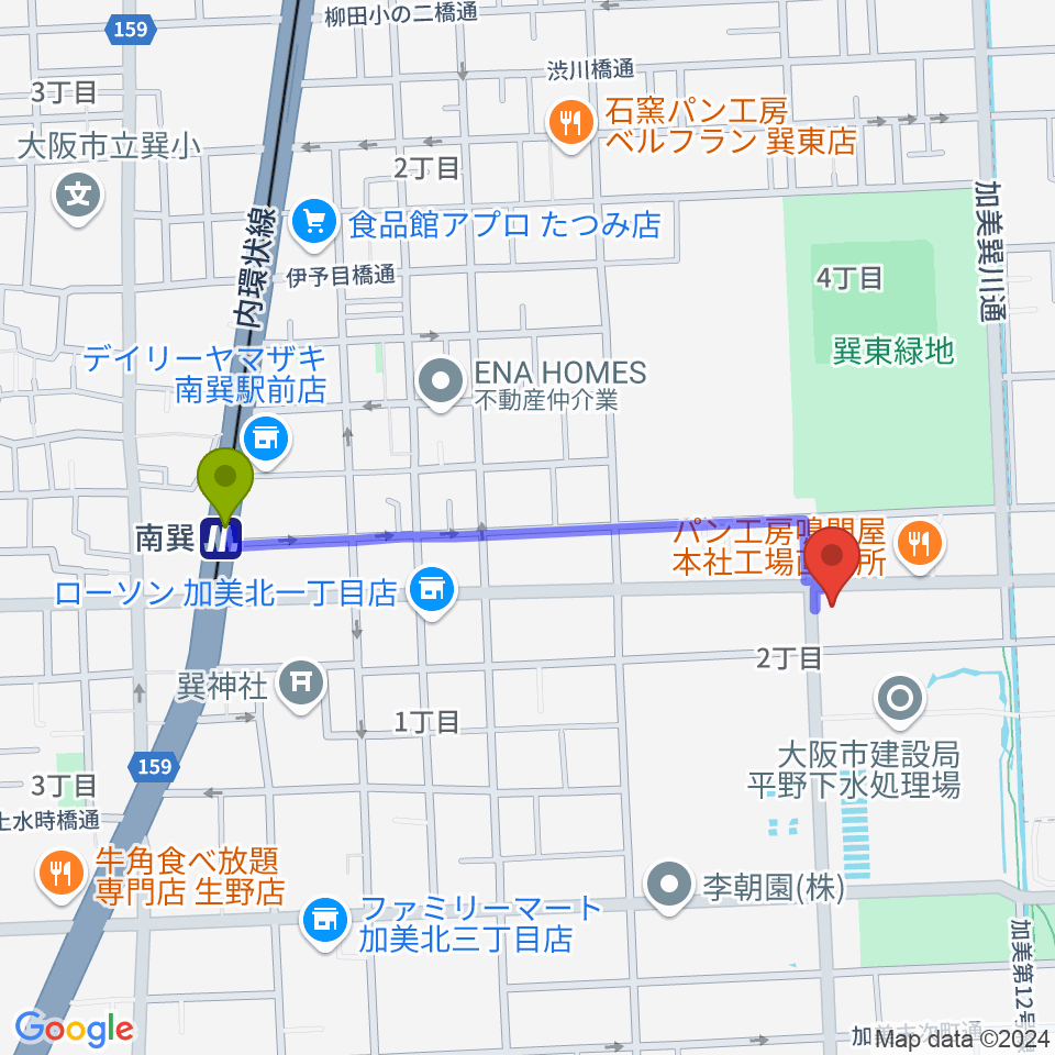 ストレングスビヨンドの最寄駅南巽駅からの徒歩ルート（約9分）地図