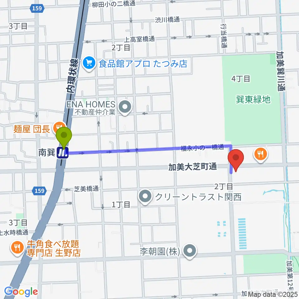 ストレングスビヨンドの最寄駅南巽駅からの徒歩ルート（約9分）地図