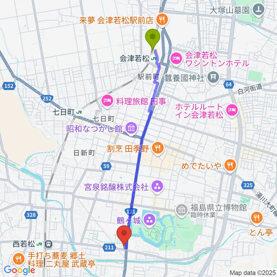 会津若松駅からMUSIC PLAZA 白水堂へのルートマップ地図