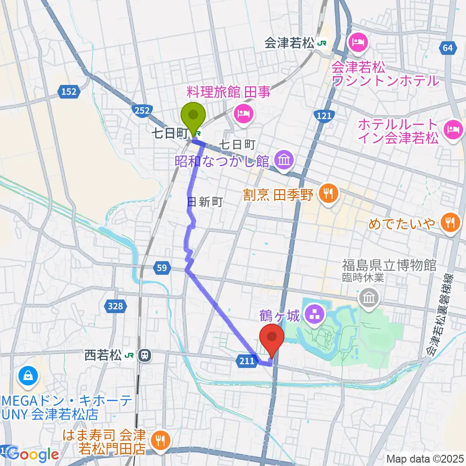 七日町駅からMUSIC PLAZA 白水堂へのルートマップ地図