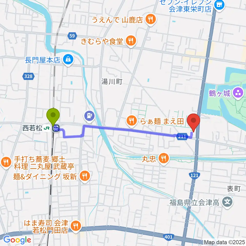 MUSIC PLAZA 白水堂の最寄駅西若松駅からの徒歩ルート（約17分）地図