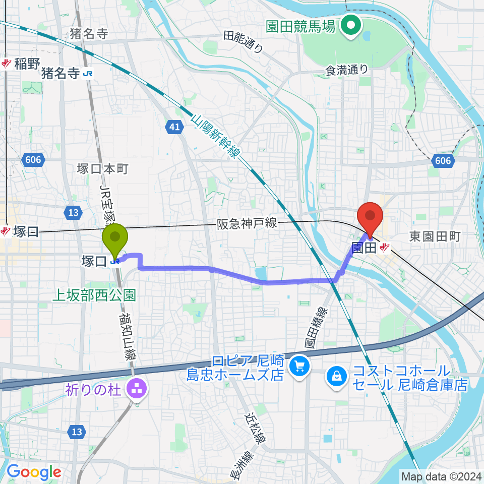 塚口駅から夢羽工房へのルートマップ地図