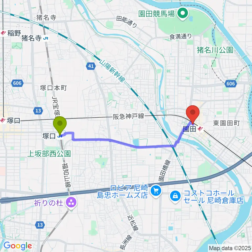 塚口駅から夢羽工房へのルートマップ地図