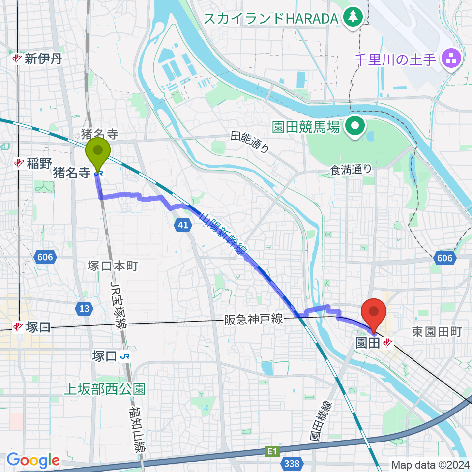 猪名寺駅から夢羽工房へのルートマップ地図