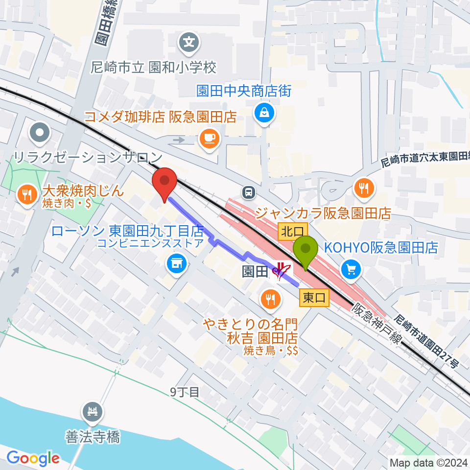 夢羽工房の最寄駅園田駅からの徒歩ルート（約3分）地図