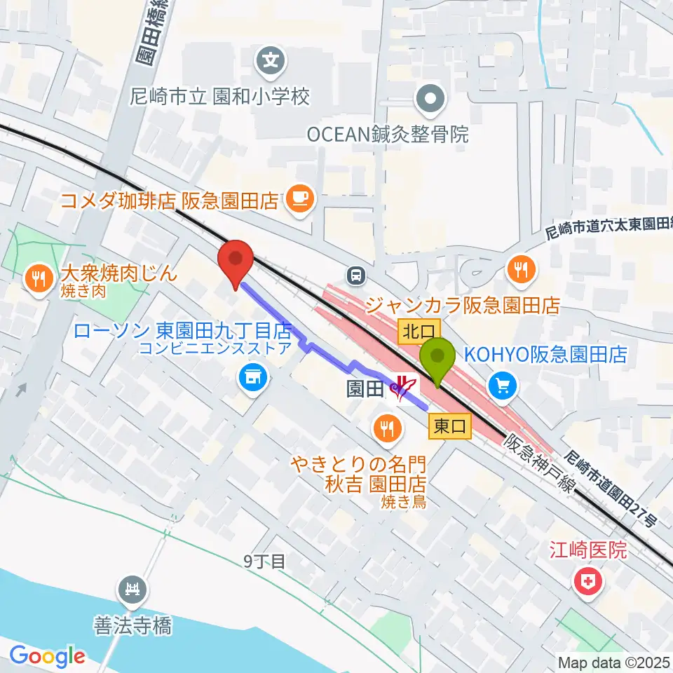 夢羽工房の最寄駅園田駅からの徒歩ルート（約3分）地図