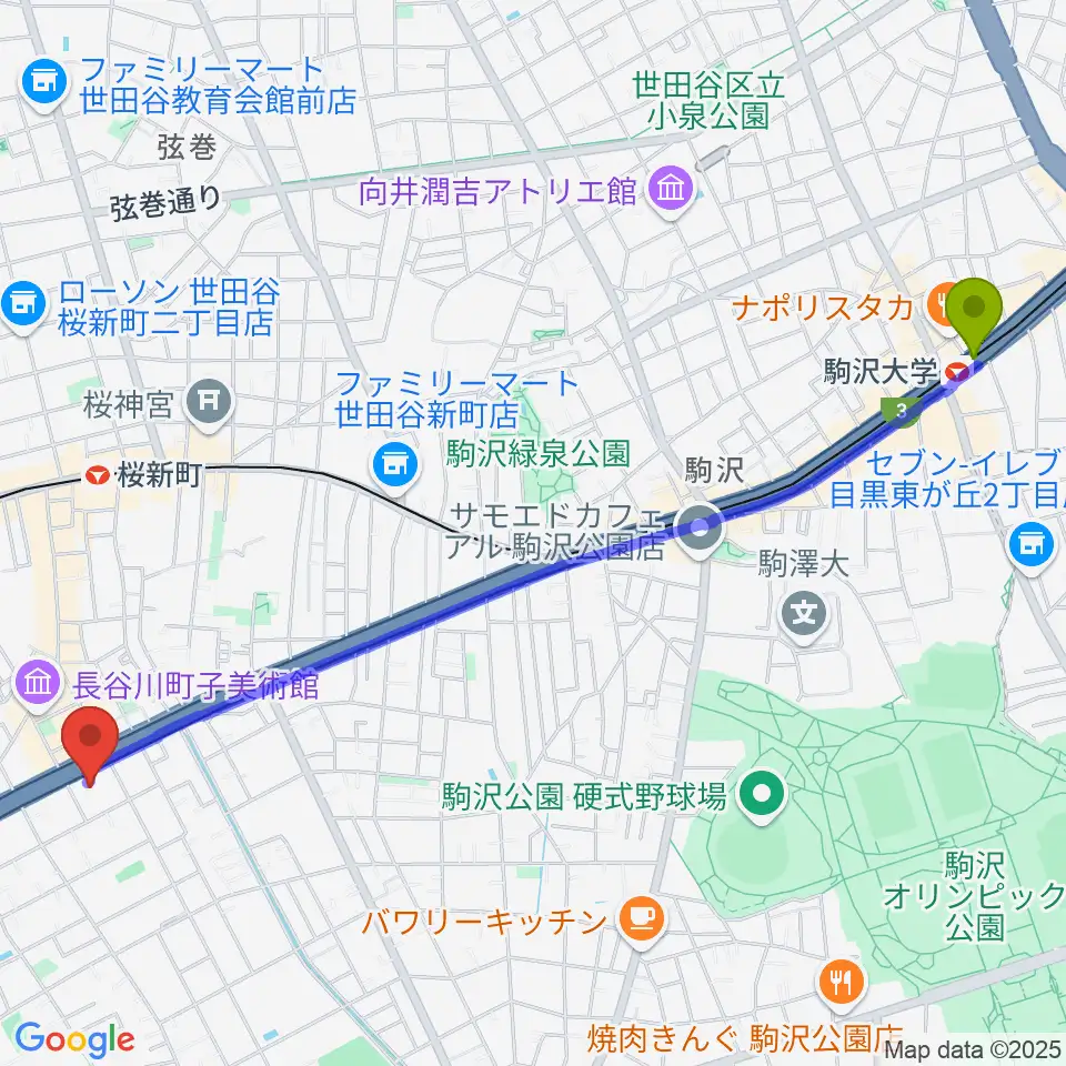 駒沢大学駅からスタジオジャイヴへのルートマップ地図