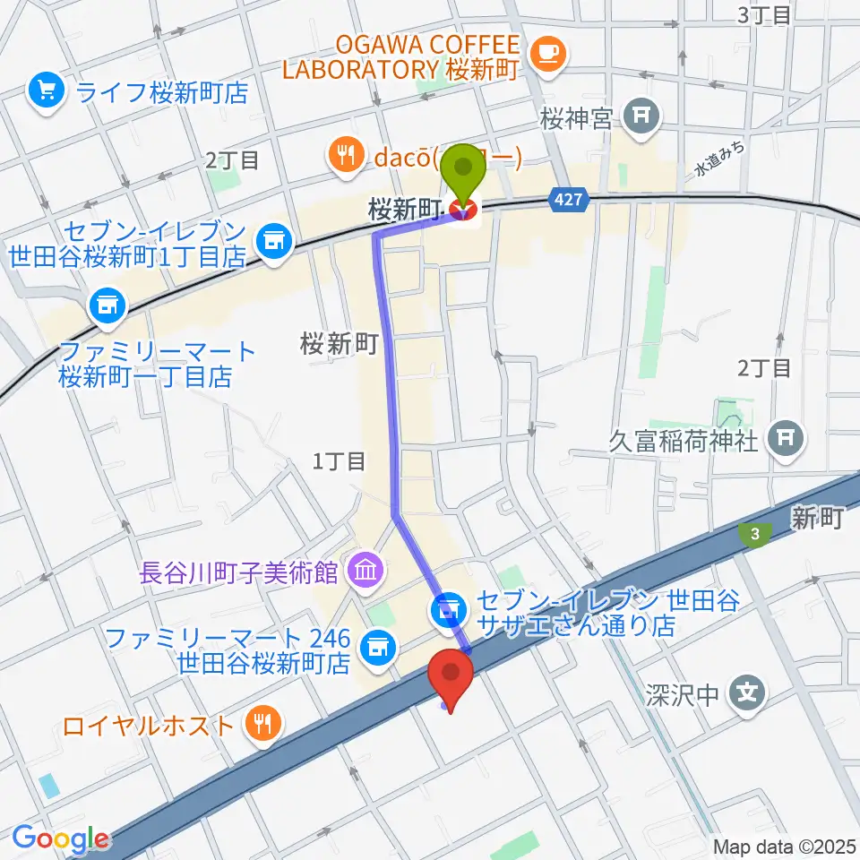 スタジオジャイヴの最寄駅桜新町駅からの徒歩ルート（約9分）地図