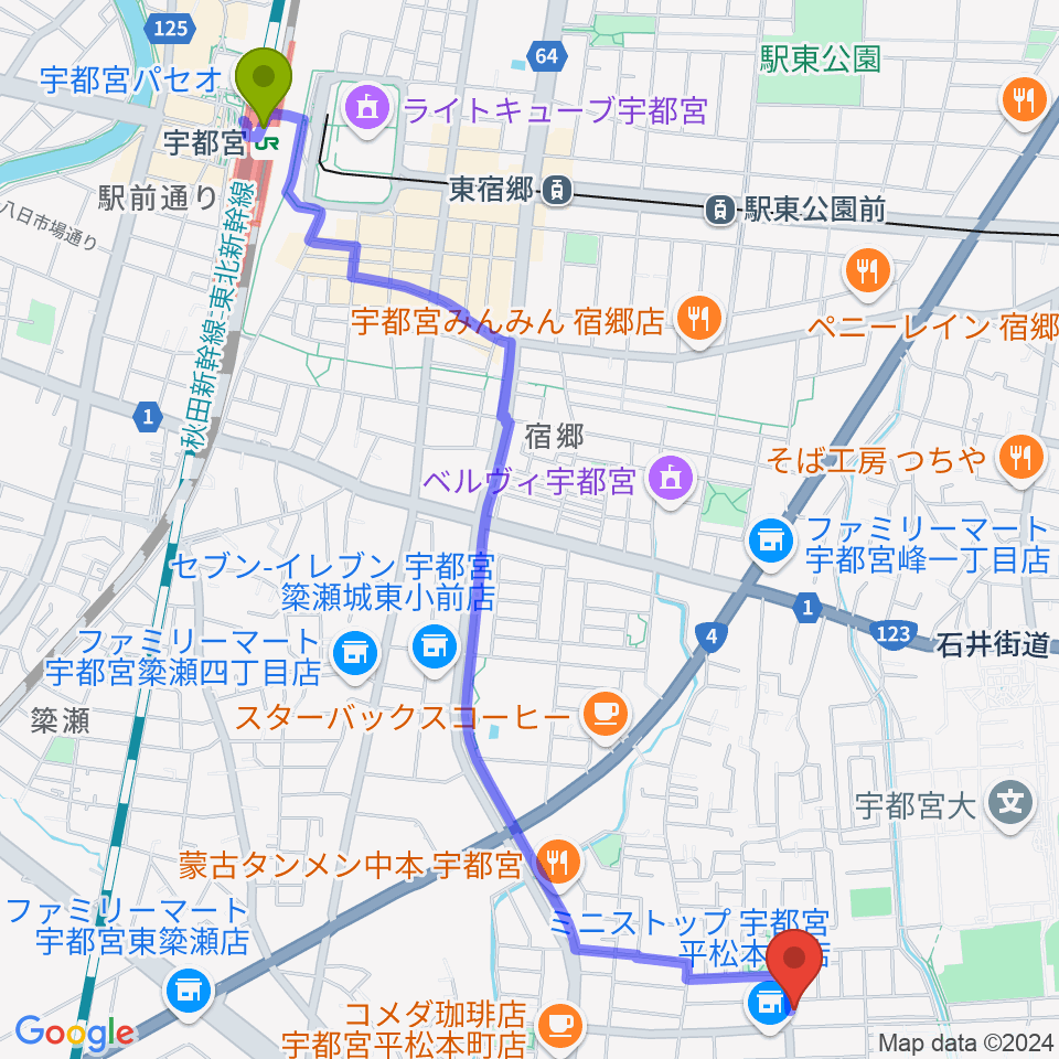 宇都宮JIVE Studioの最寄駅宇都宮駅からの徒歩ルート（約30分）地図