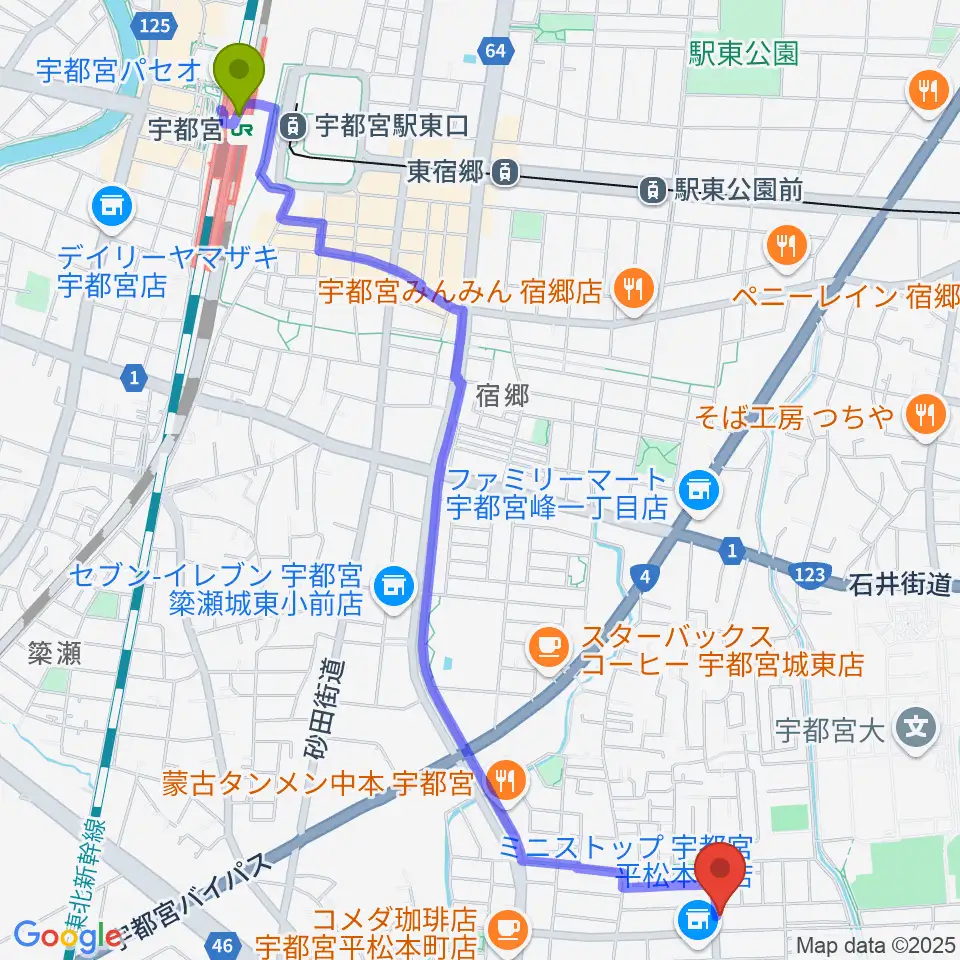 宇都宮JIVE Studioの最寄駅宇都宮駅からの徒歩ルート（約30分）地図