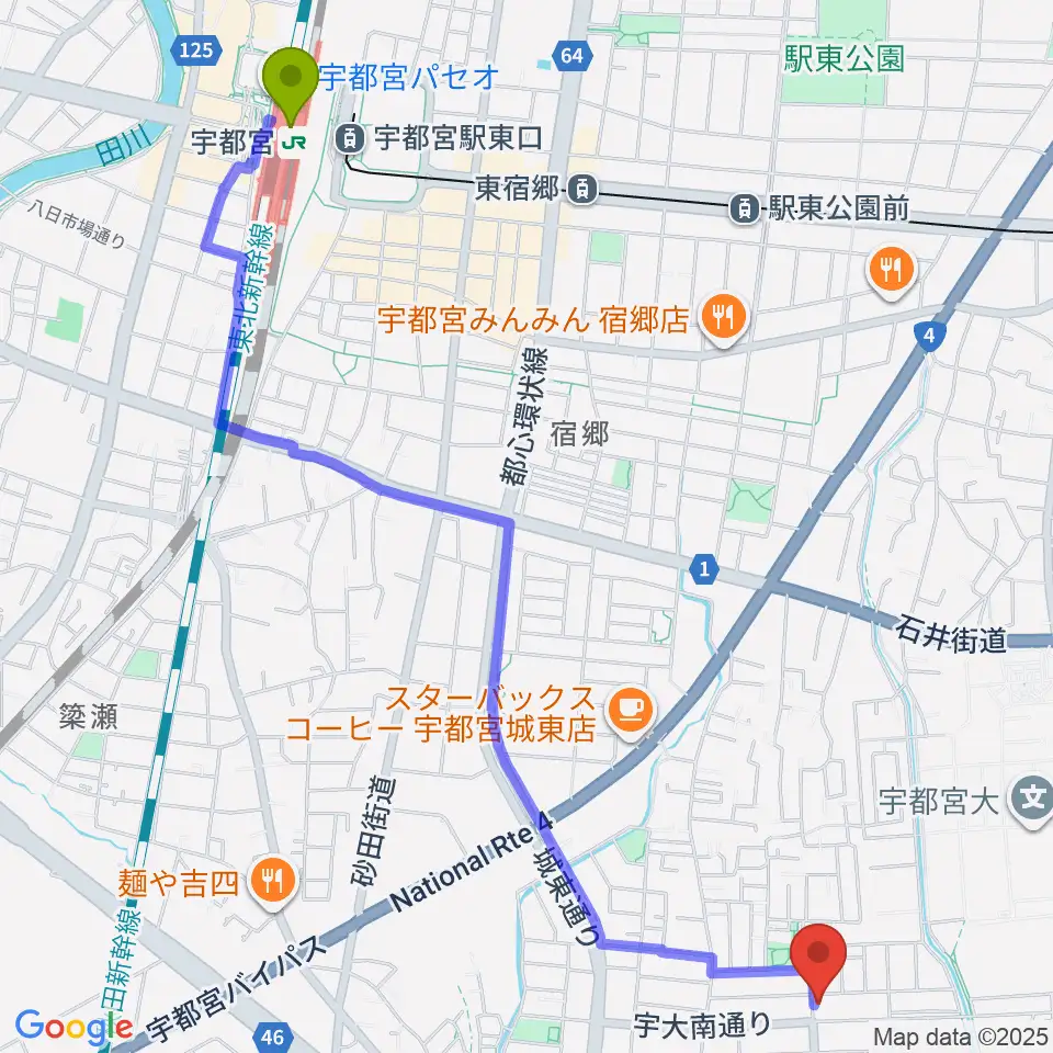 宇都宮JIVE Studioの最寄駅宇都宮駅からの徒歩ルート（約30分）地図
