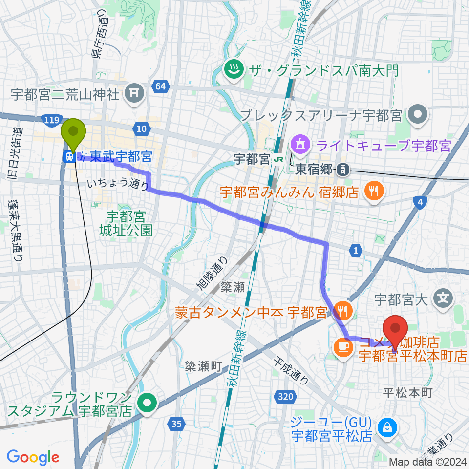 東武宇都宮駅から宇都宮JIVE Studioへのルートマップ地図