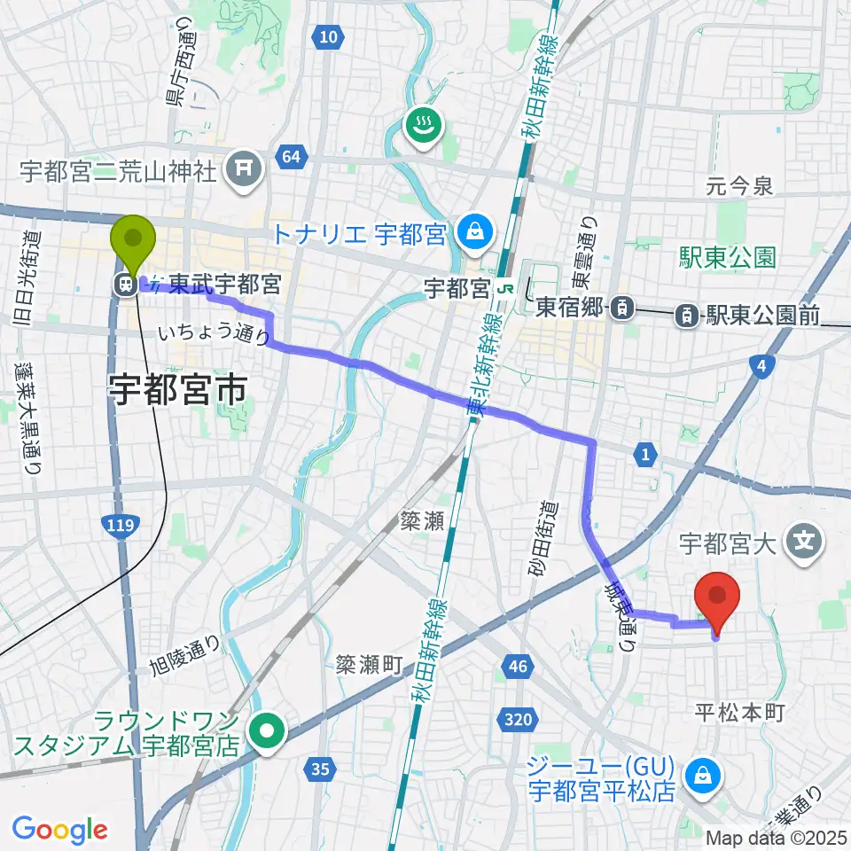 東武宇都宮駅から宇都宮JIVE Studioへのルートマップ地図