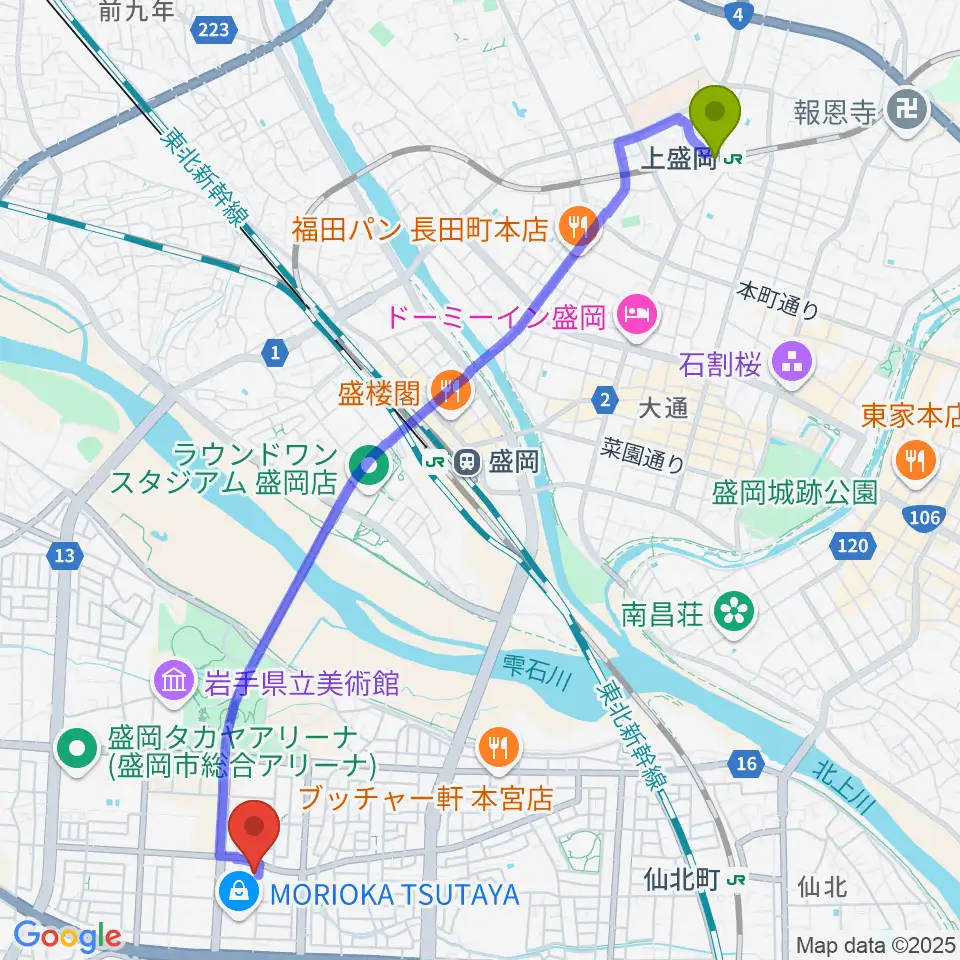 上盛岡駅からREDHOT盛岡へのルートマップ地図