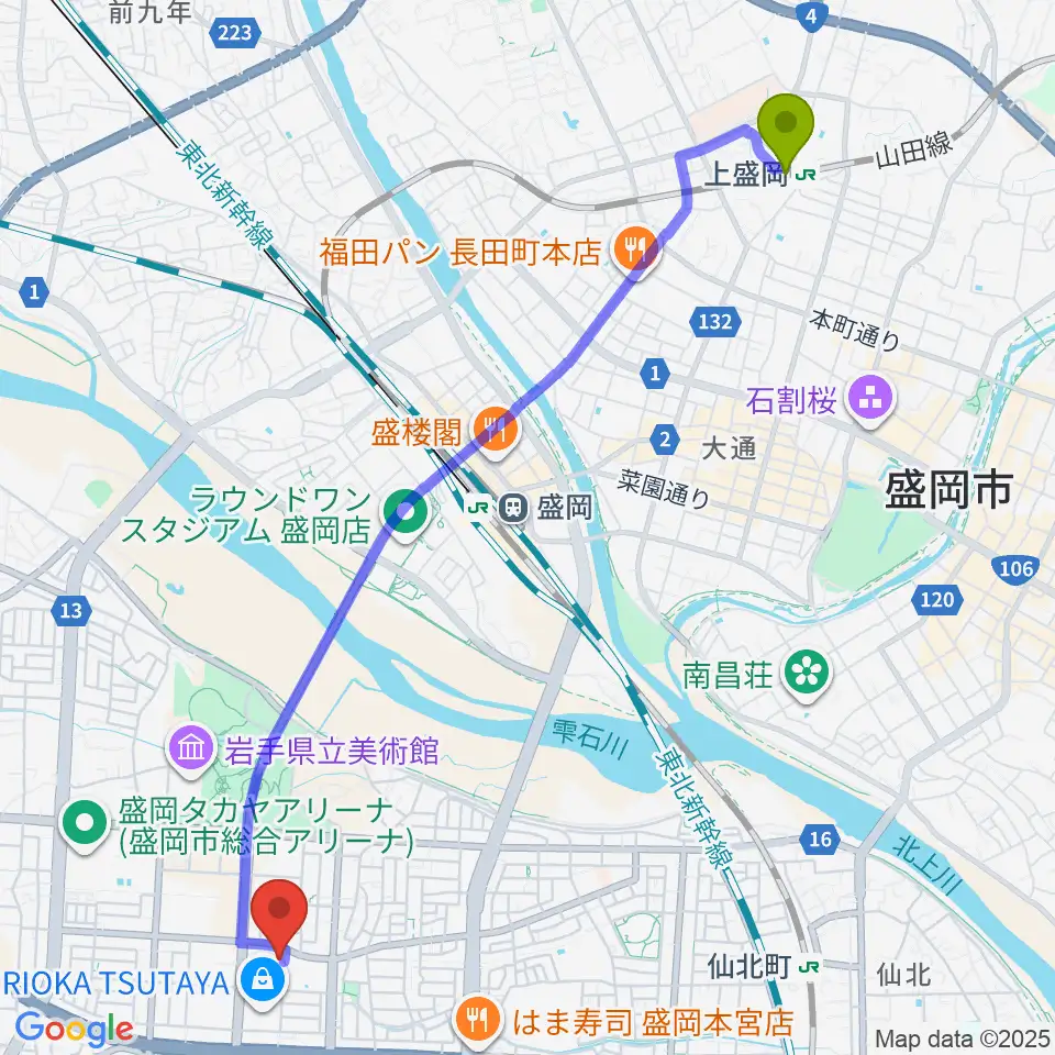 上盛岡駅からREDHOT盛岡へのルートマップ地図