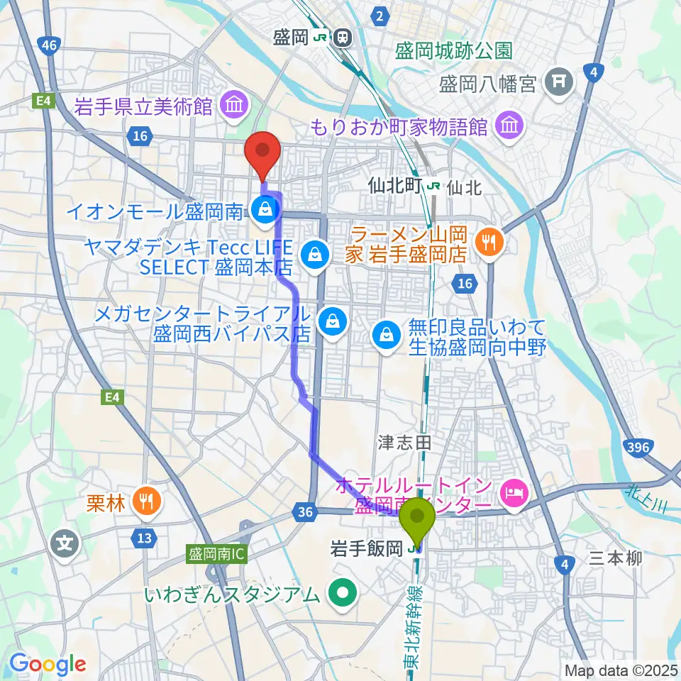 岩手飯岡駅からREDHOT盛岡へのルートマップ地図