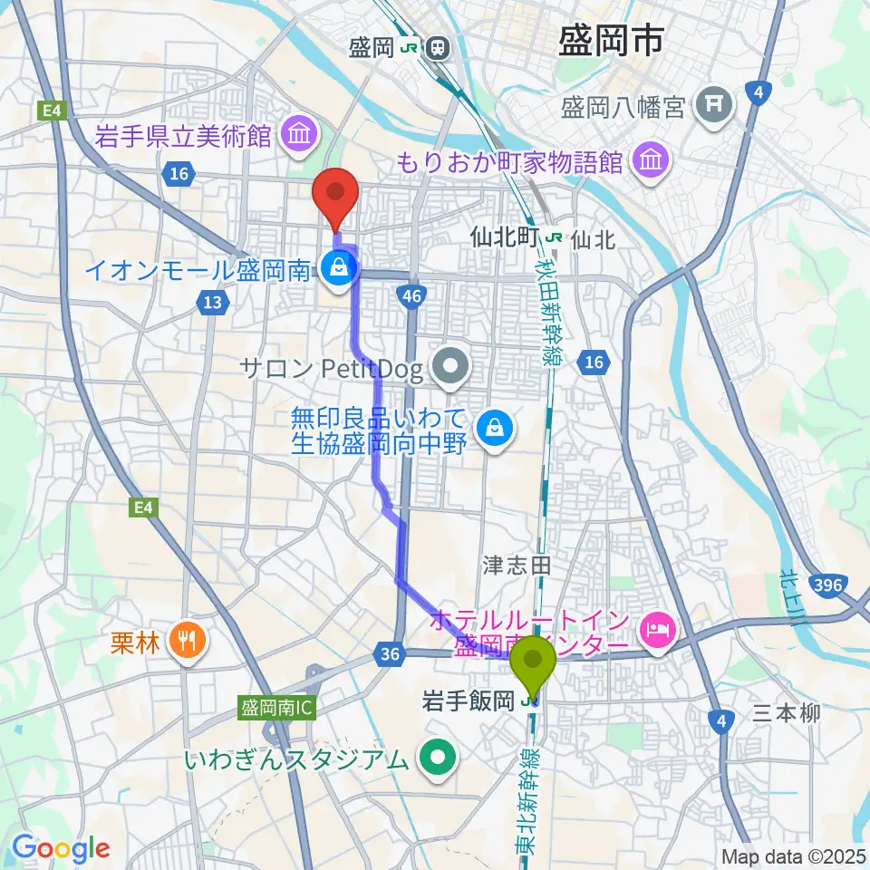 岩手飯岡駅からREDHOT盛岡へのルートマップ地図