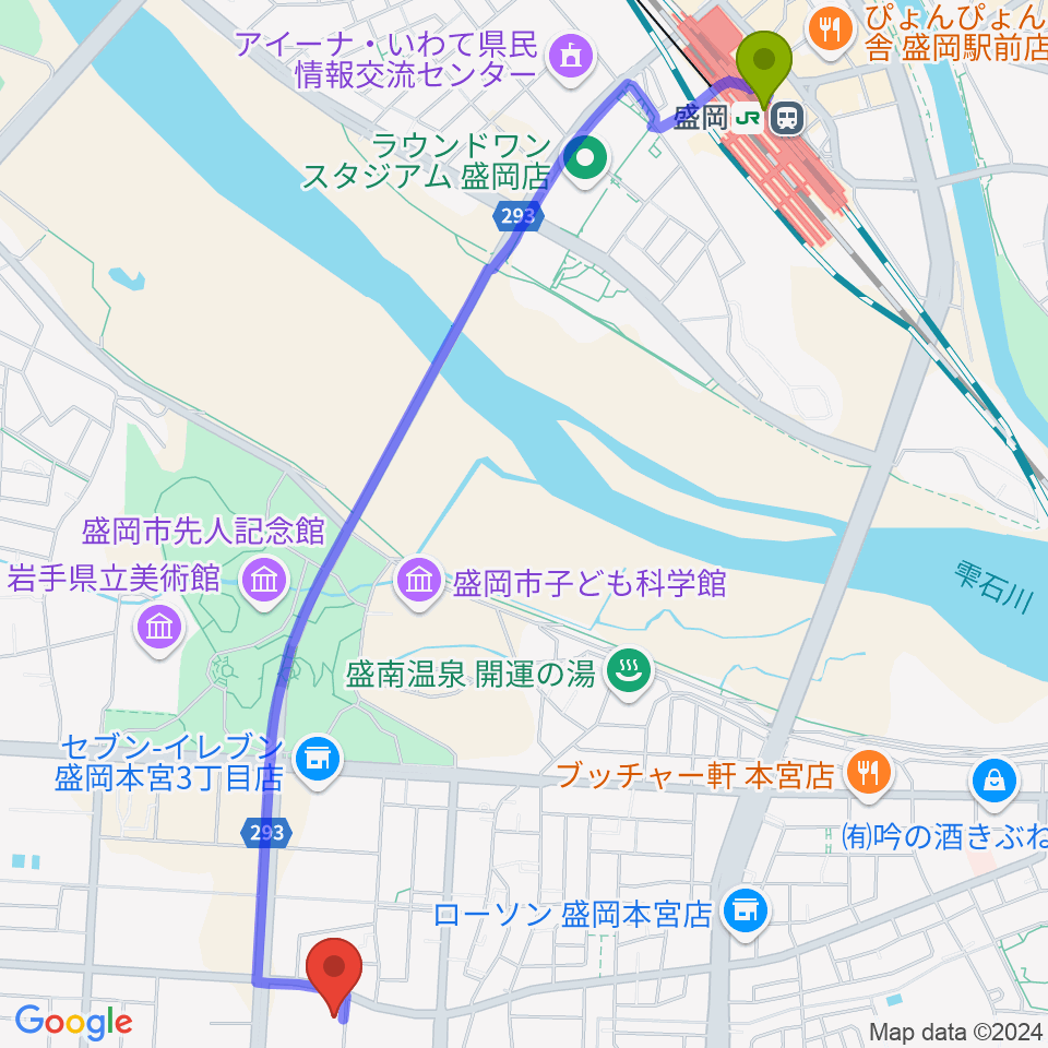 REDHOT盛岡の最寄駅盛岡駅からの徒歩ルート（約28分）地図