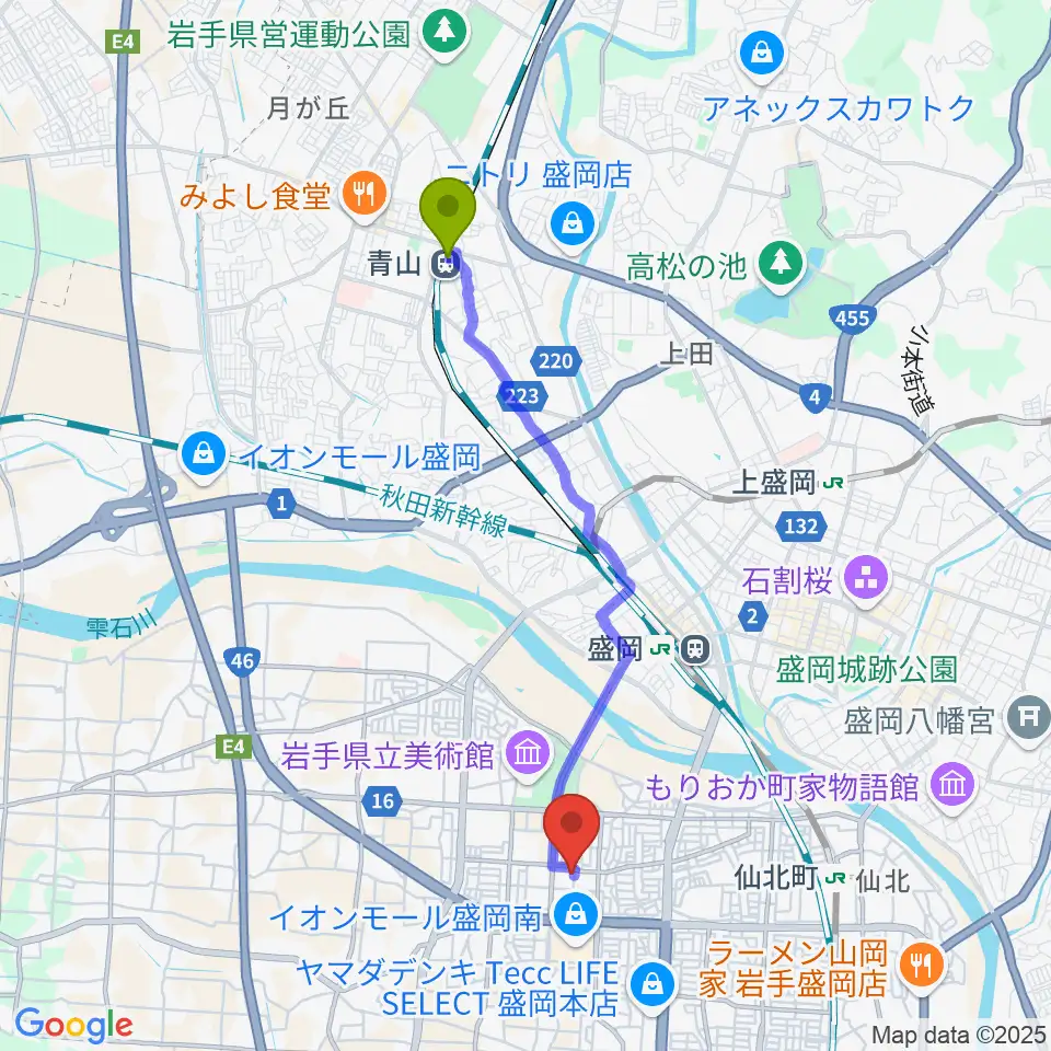 青山駅からREDHOT盛岡へのルートマップ地図