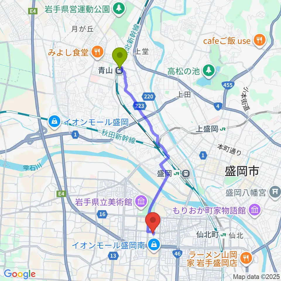 青山駅からREDHOT盛岡へのルートマップ地図