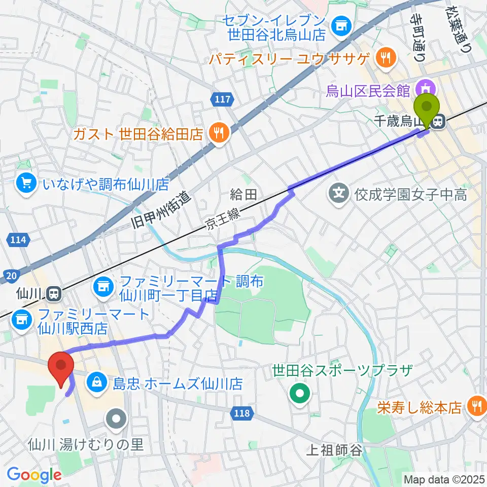 千歳烏山駅から桐朋学園大学音楽学部へのルートマップ地図