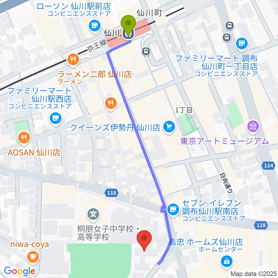 桐朋学園大学音楽学部の最寄駅仙川駅からの徒歩ルート（約6分）地図