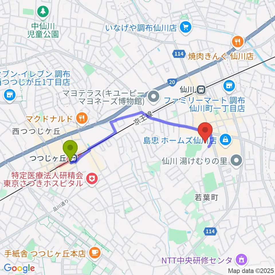 つつじヶ丘駅から桐朋学園大学音楽学部へのルートマップ地図