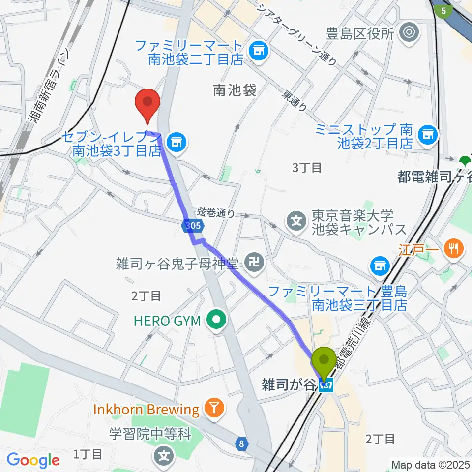 雑司が谷駅から富士楽器 池袋ショールームへのルートマップ地図