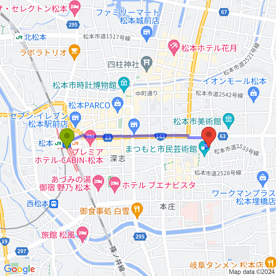 国際スズキ・メソード音楽院の最寄駅松本駅からの徒歩ルート（約16分）地図