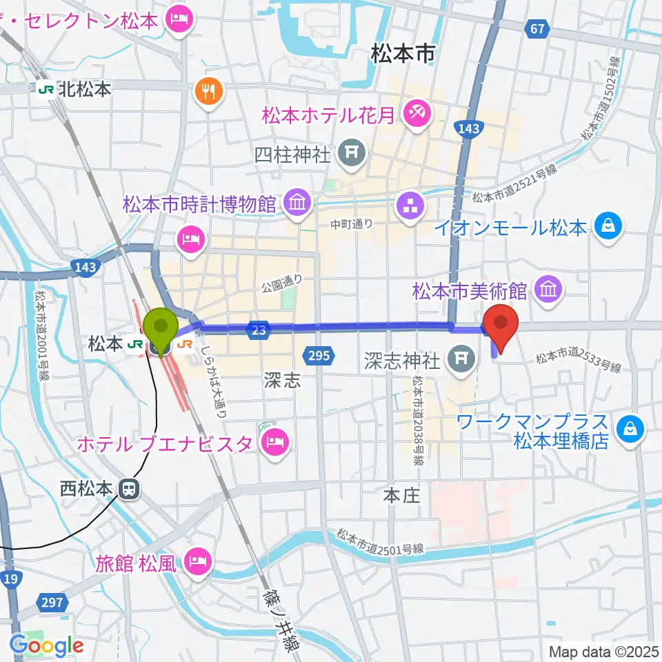 国際スズキ・メソード音楽院の最寄駅松本駅からの徒歩ルート（約16分）地図