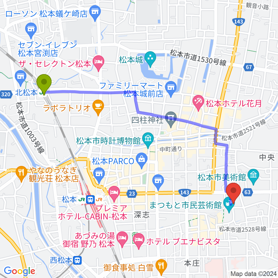 北松本駅から国際スズキ・メソード音楽院へのルートマップ地図