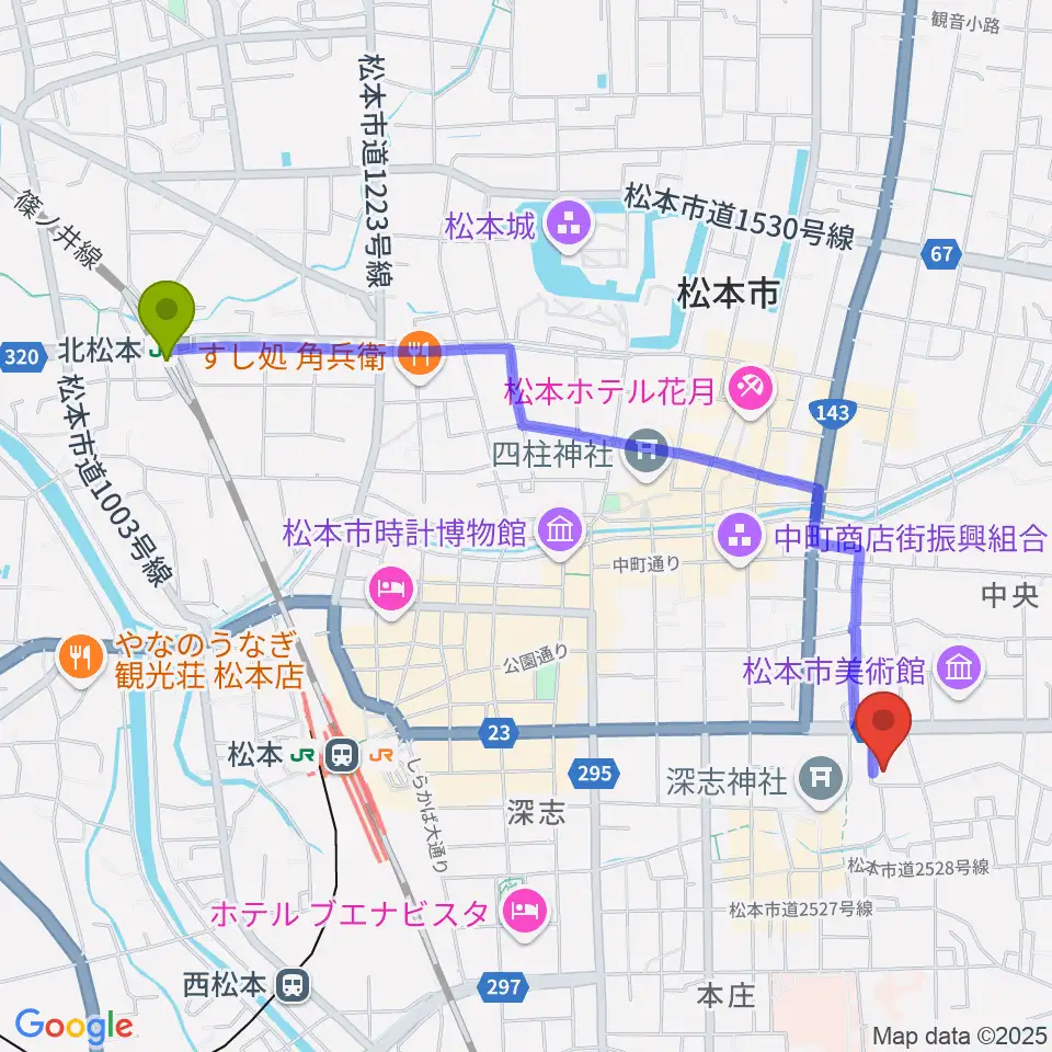 北松本駅から国際スズキ・メソード音楽院へのルートマップ地図
