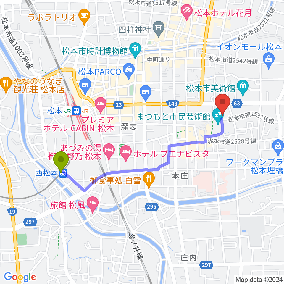 西松本駅から国際スズキ・メソード音楽院へのルートマップ地図