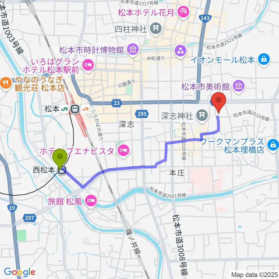 西松本駅から国際スズキ・メソード音楽院へのルートマップ地図