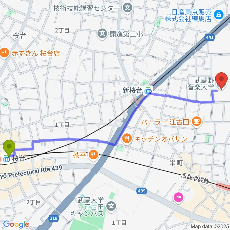 桜台駅から武蔵野音楽大学へのルートマップ地図