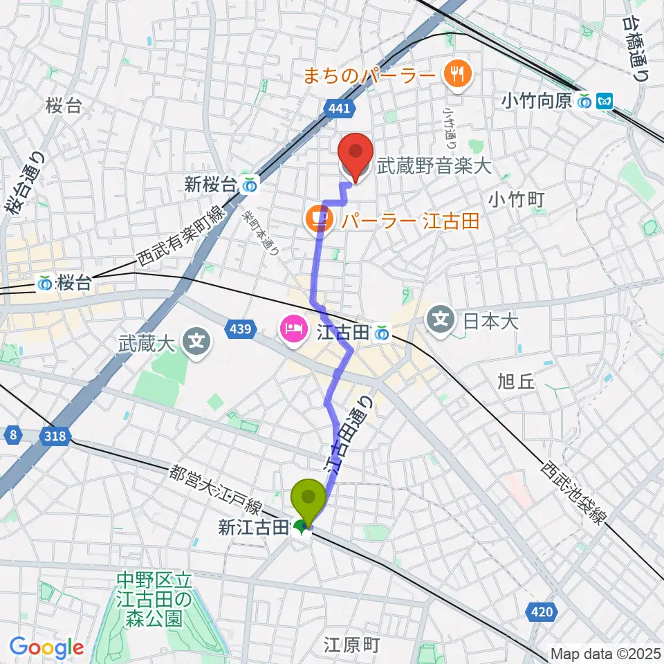 新江古田駅から武蔵野音楽大学へのルートマップ地図