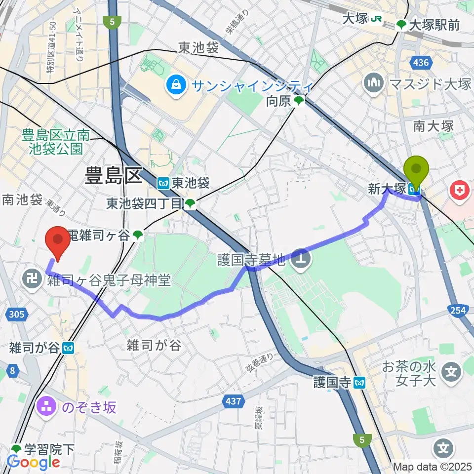 新大塚駅から東京音楽大学付属高等学校へのルートマップ地図