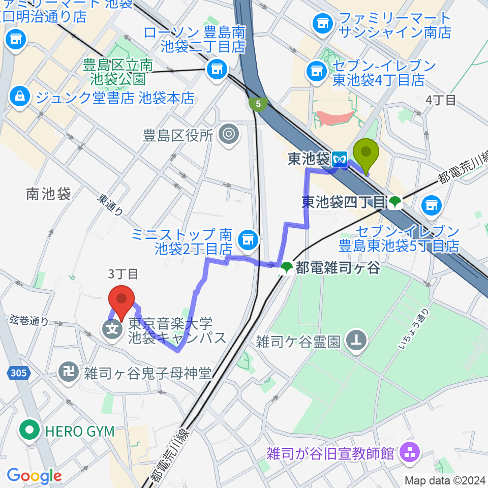 東池袋駅から東京音楽大学付属高等学校へのルートマップ地図