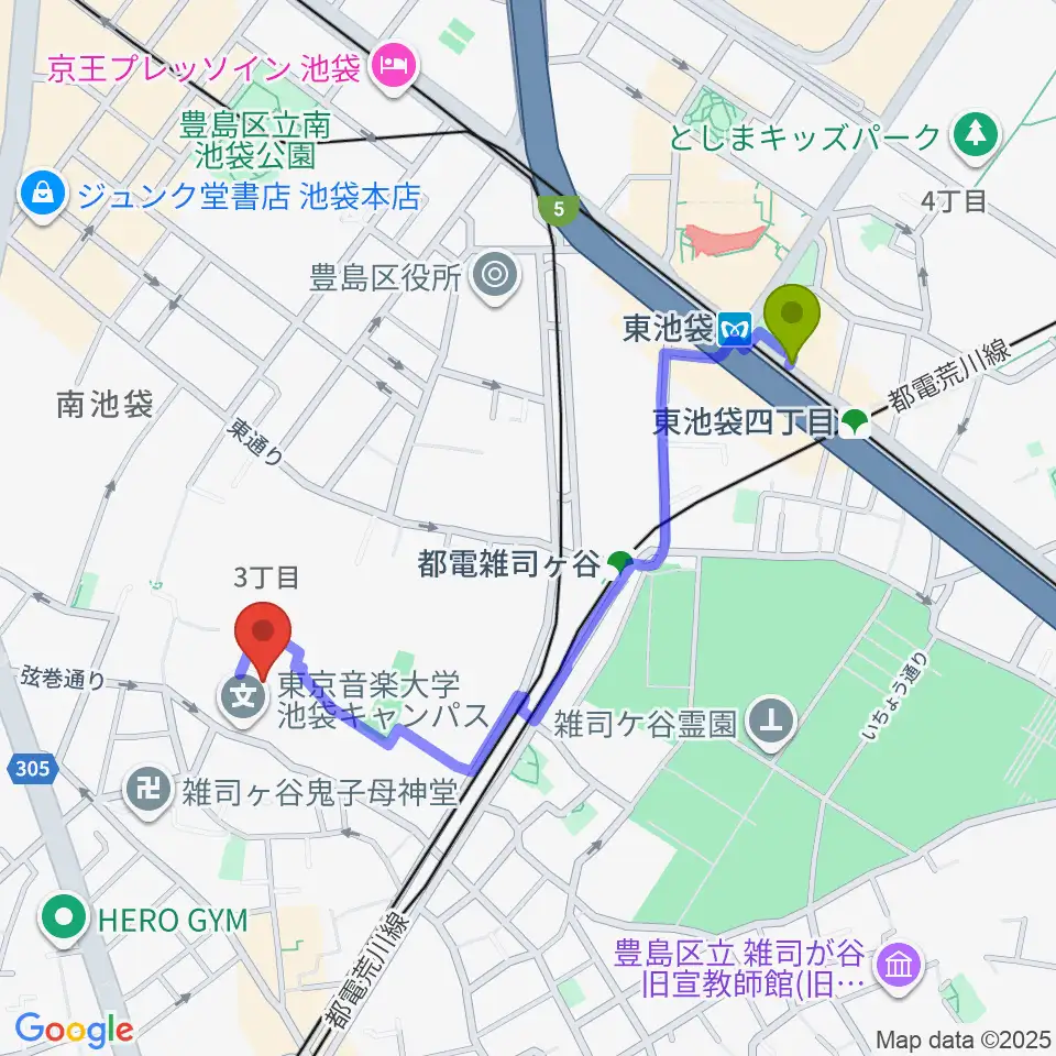 東池袋駅から東京音楽大学付属高等学校へのルートマップ地図