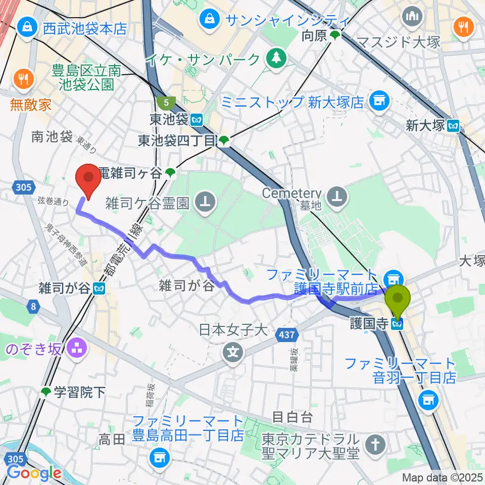 護国寺駅から東京音楽大学付属高等学校へのルートマップ地図